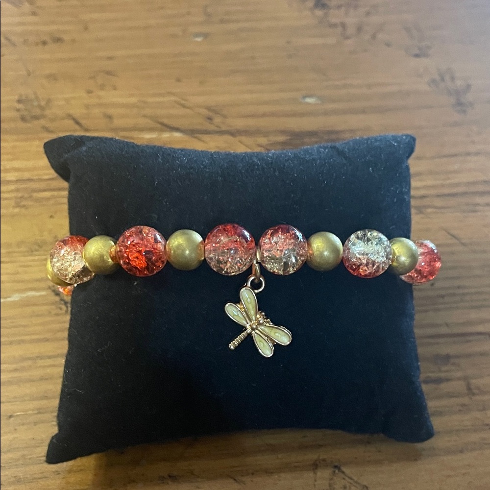 Chic Gold and Red Beaded Bracelet with Dragonfly Charm